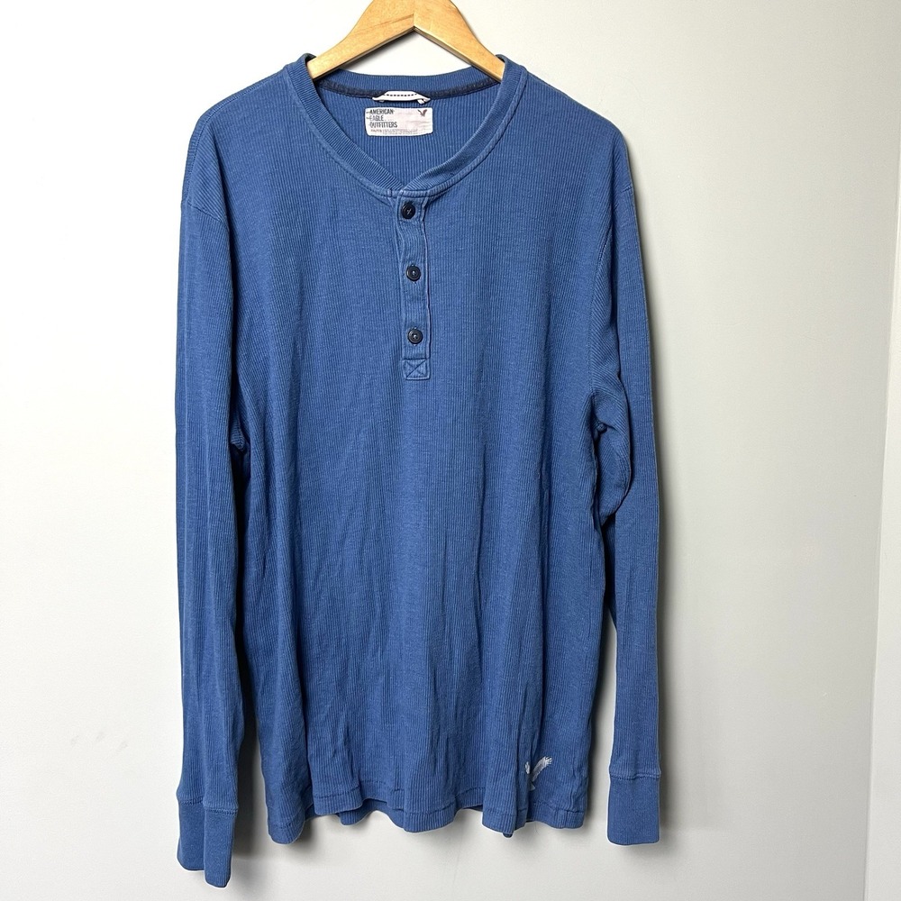 American Eagle Outfitters Mens Blue Ribbed Henley Long Sleeve Shirt XXXL Y2k
